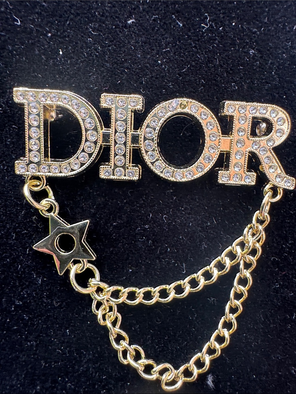 Dior Gold Crystal-Embellished Logo Chain Brooch with Star Charm